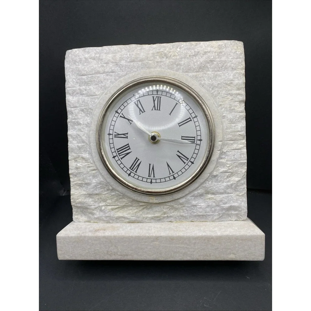 White Marble Mantle Desk Clock Alabaster Heavy Works